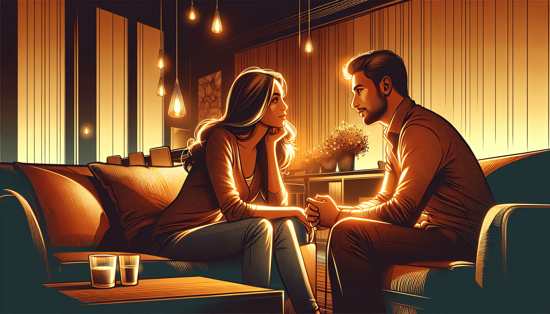 Couple sitting face to face on a couch, one partner listening attentively with soft eye contact in warm amber lighting