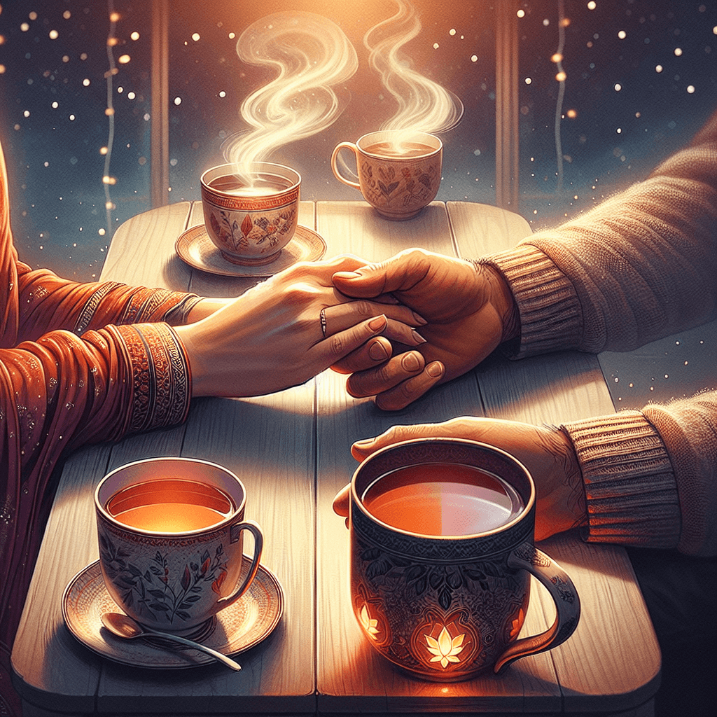 Two hands gently holding each other across a small table with cups of tea in warm amber tones, symbolizing emotional connection
