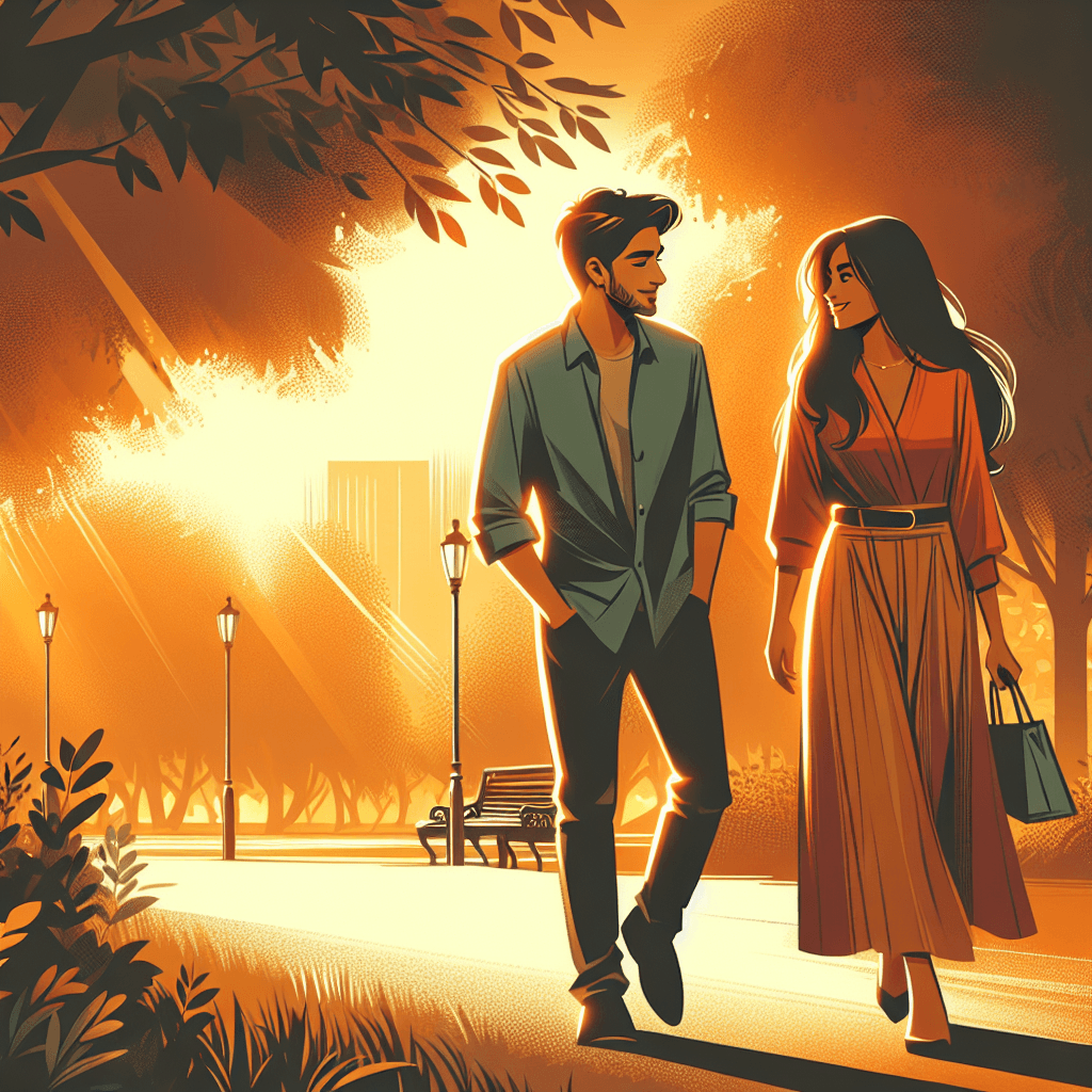 A couple walking together in a park at golden hour, one leaning toward the other in warm conversation