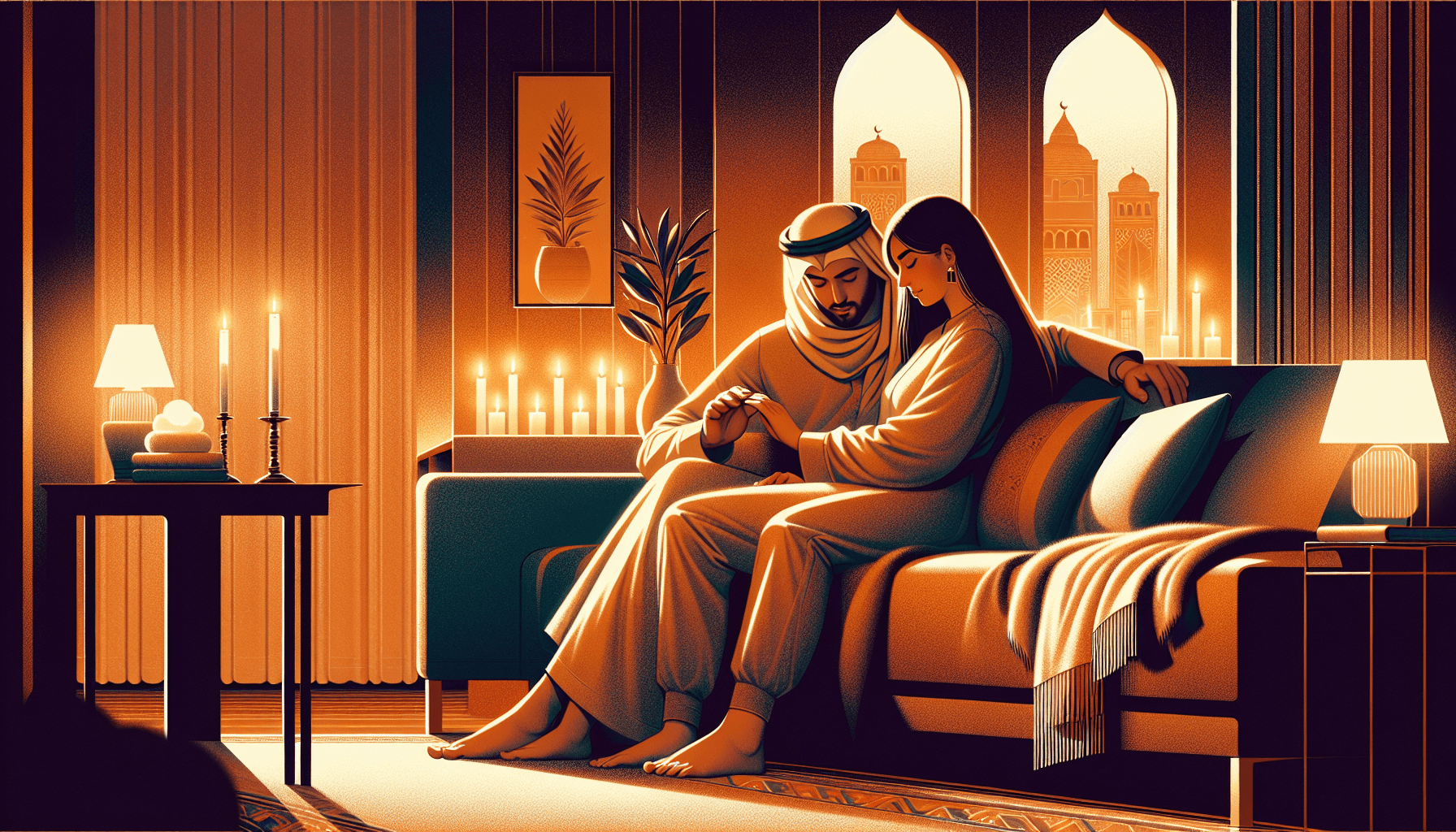 Couple sitting close together on a cozy couch in warm amber lighting, creating a safe emotional space