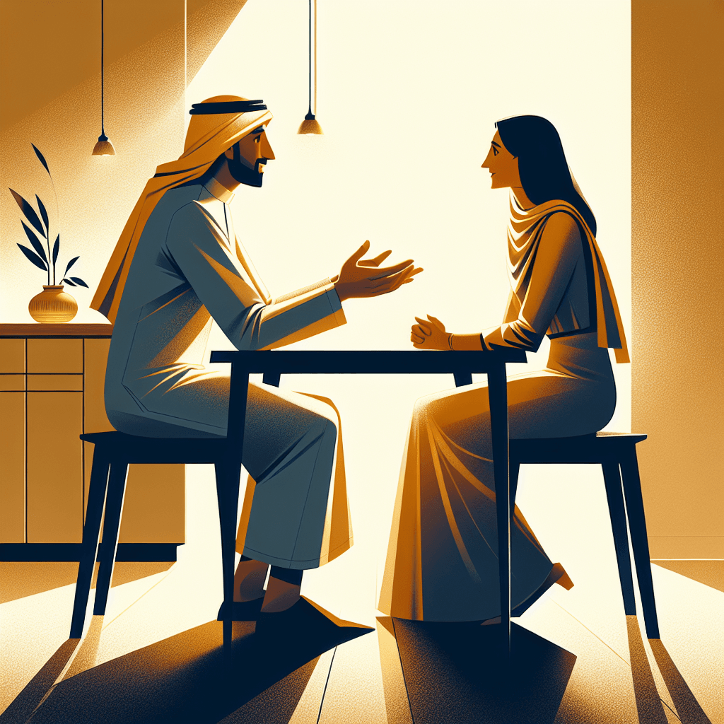 Two people having a vulnerable, honest conversation at a kitchen table in warm amber light