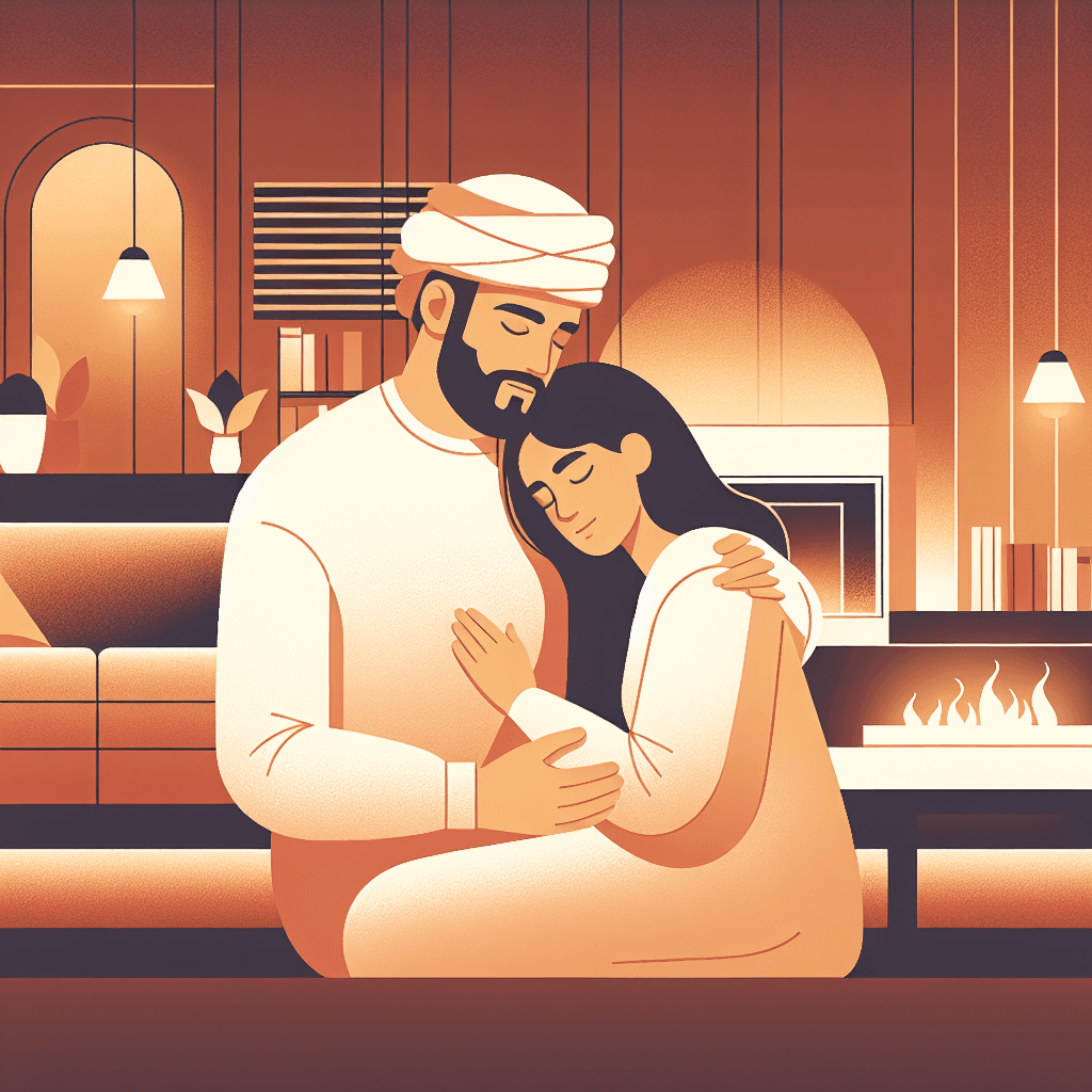 Couple embracing in a cozy living room with warm amber fireplace glow