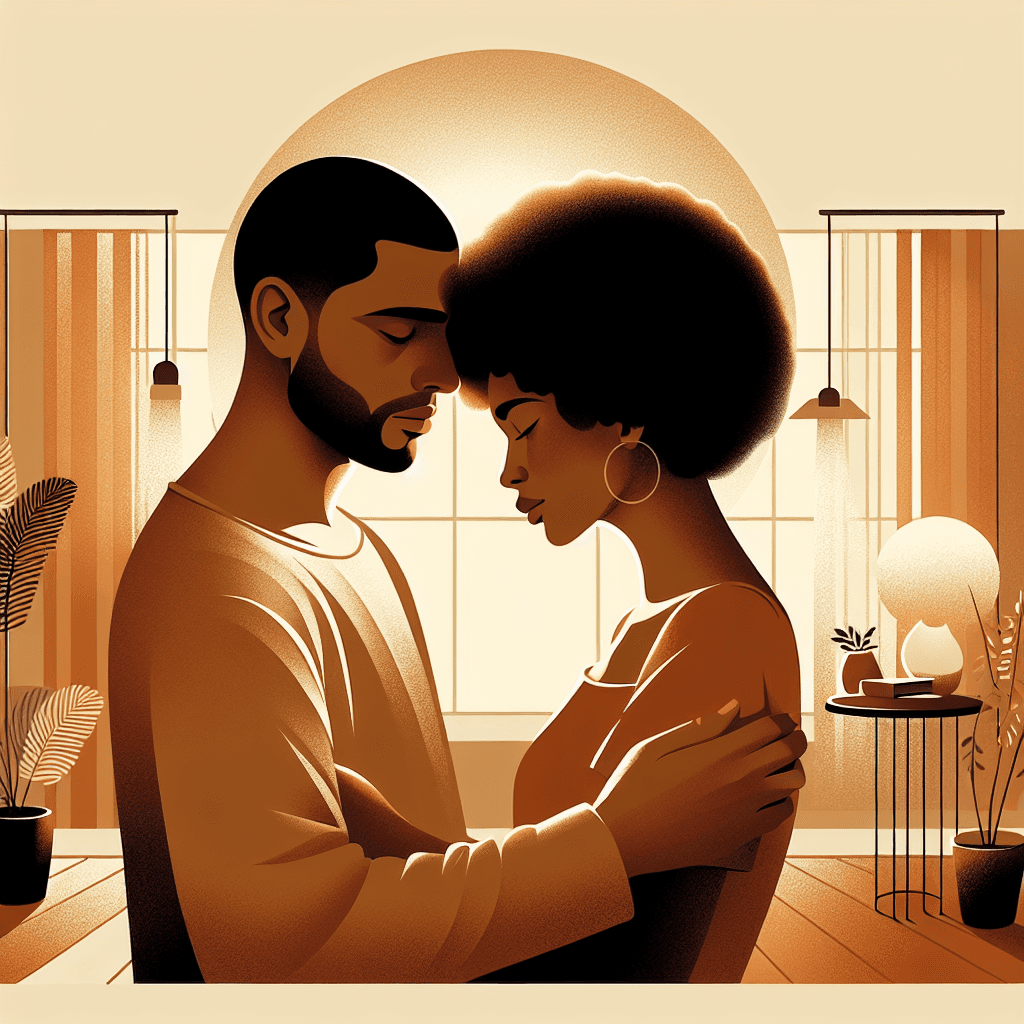 A couple embracing after making up, foreheads touching in warm amber and gold light