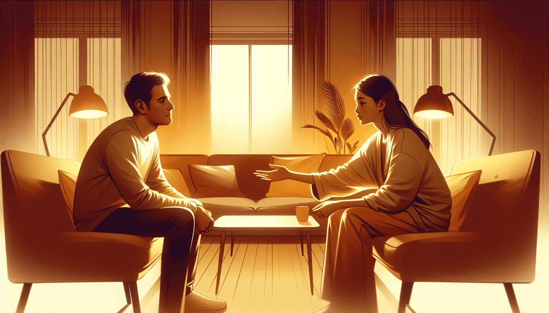 A couple sitting together in warm amber light, one partner reaching out with a gentle apologetic expression