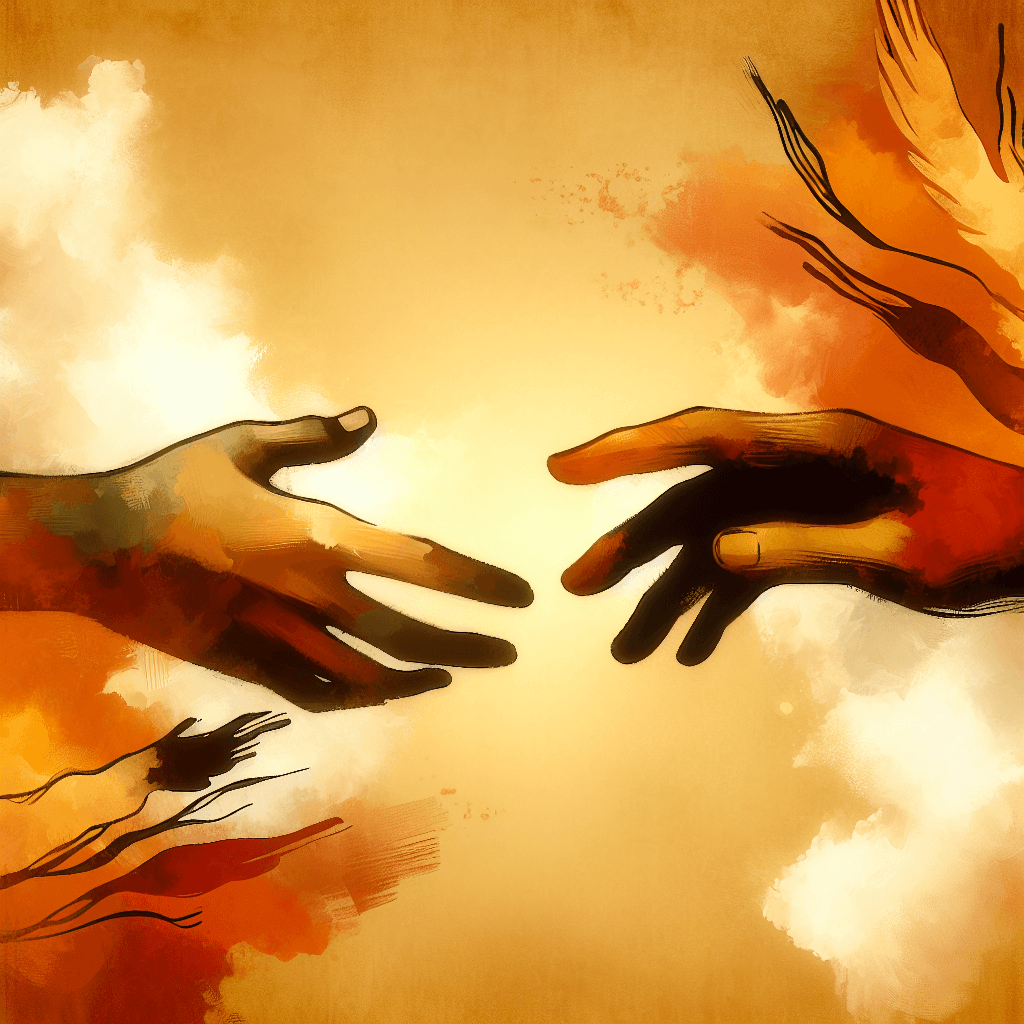 Two hands reaching toward each other in reconciliation, warm amber watercolor tones