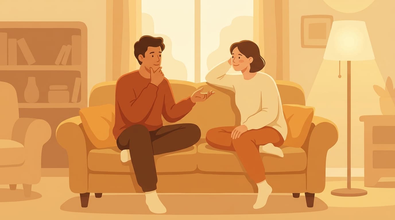 A couple sitting together on a couch, one gesturing thoughtfully while the other listens