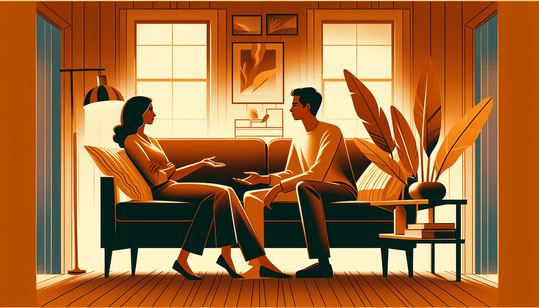 A couple having a calm, respectful disagreement on a couch