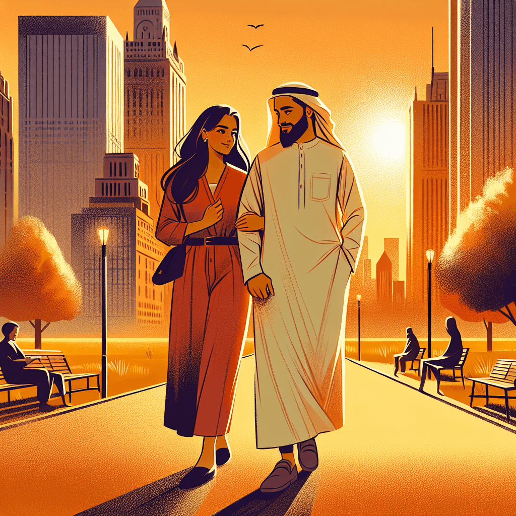 A couple walking together in a park during golden hour after resolving a disagreement