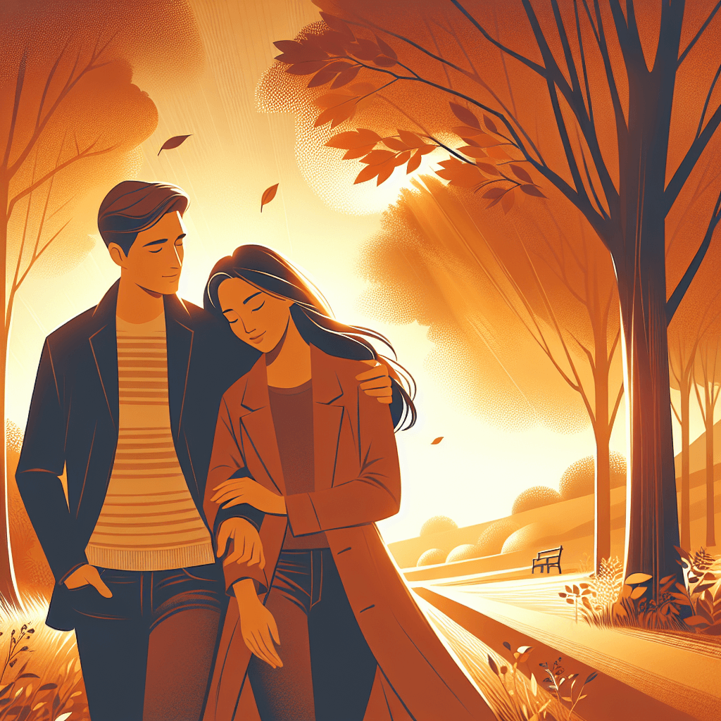 A couple walking together in a peaceful park at golden hour, leaning on each other