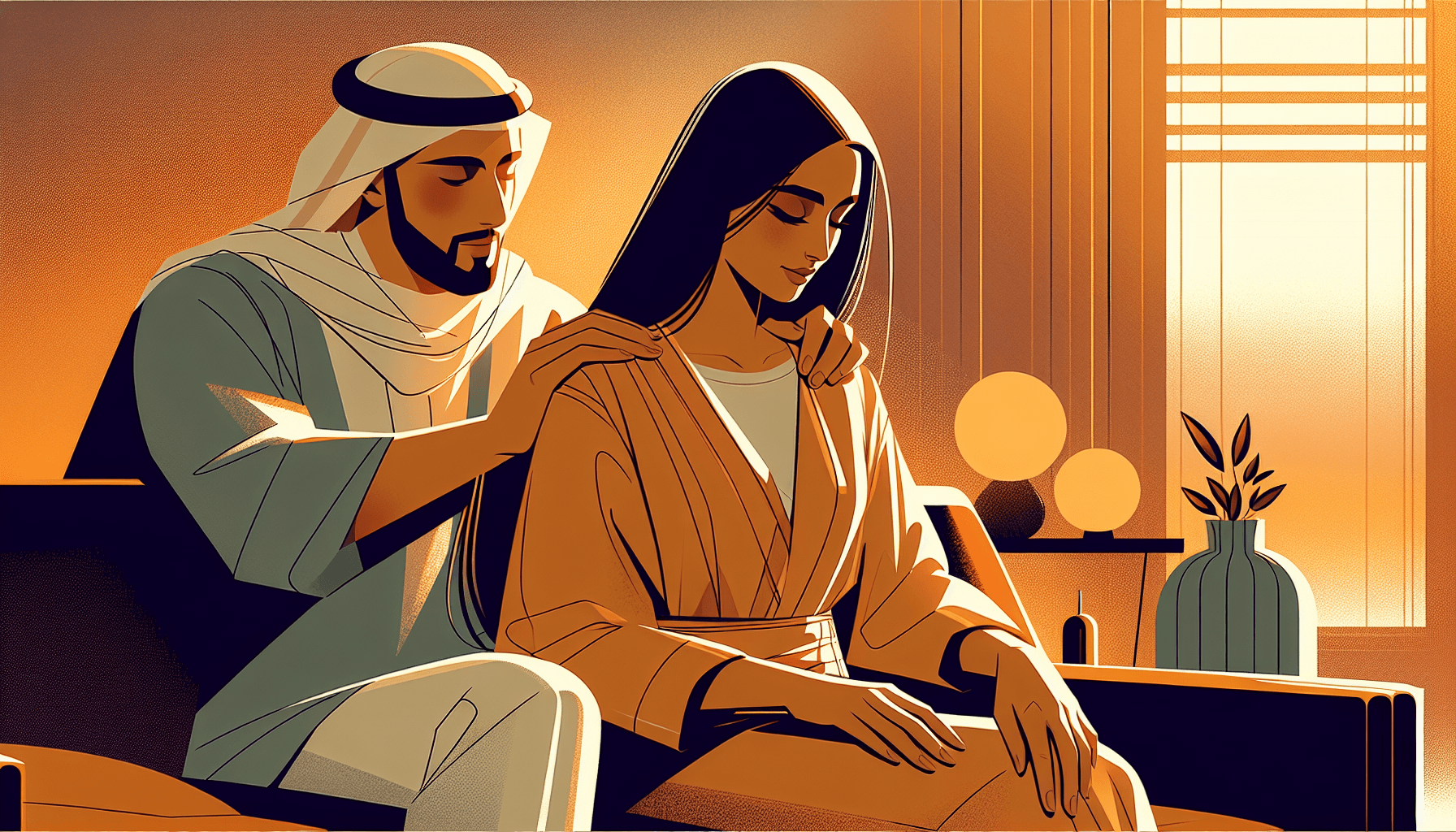 A couple sitting together on a couch, one gently comforting the other in warm amber lighting