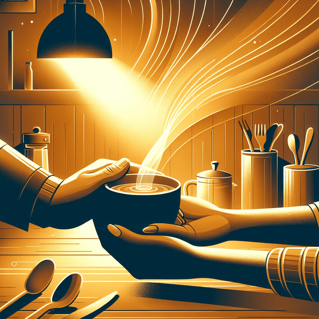 Two hands holding a cup of tea together in a cozy kitchen with warm golden light
