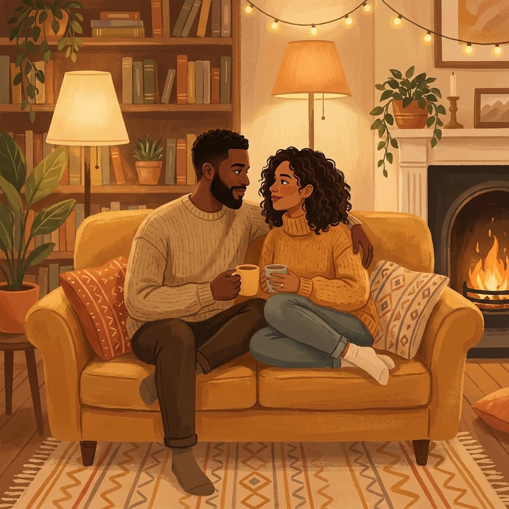 A couple having a warm, open conversation on a couch