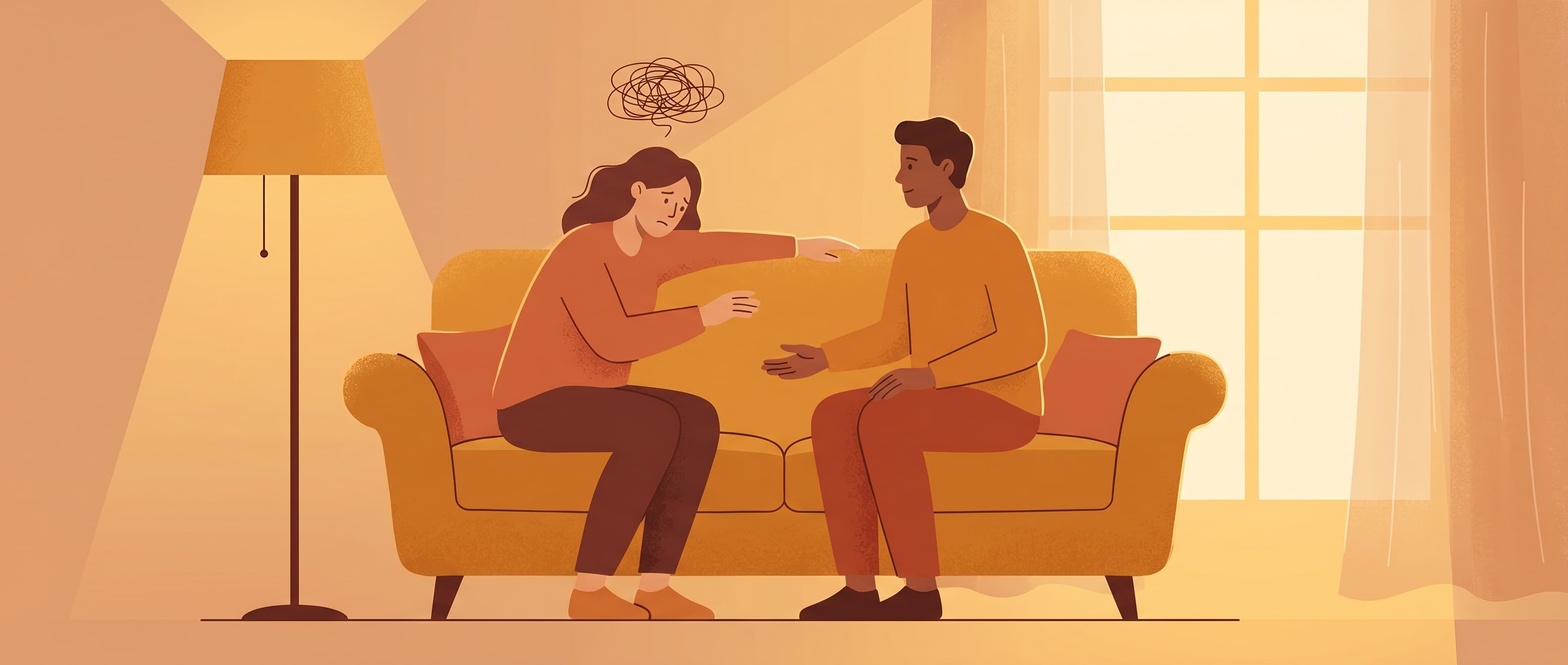 A couple on a couch with contrasting body language, one leaning in anxiously and one sitting calmly