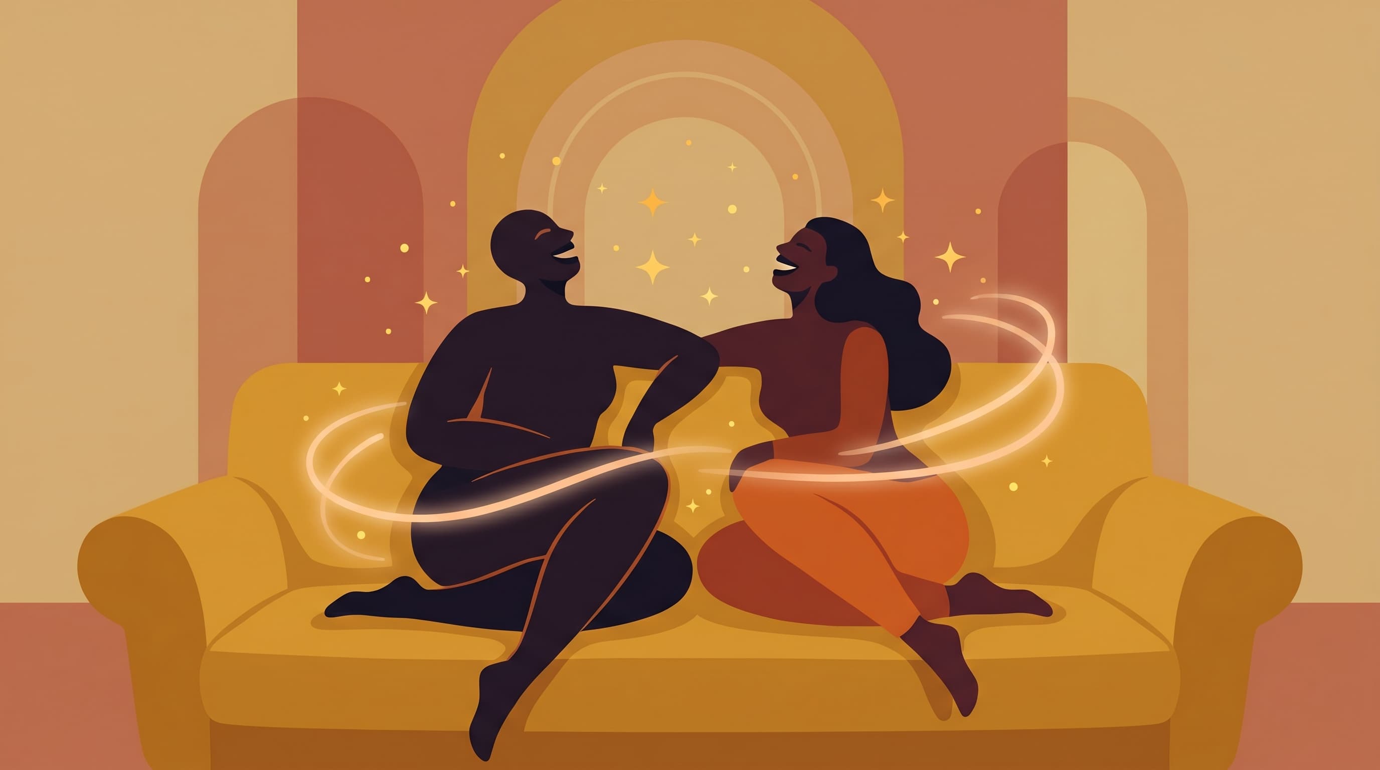 Warm illustration of a couple laughing and being playful together, bathed in soft amber light