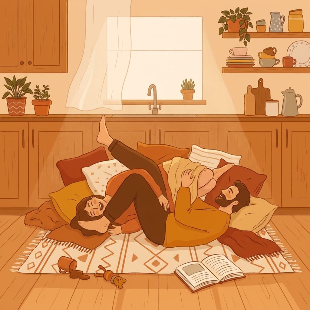 Illustration of a couple laughing together in a cozy domestic setting