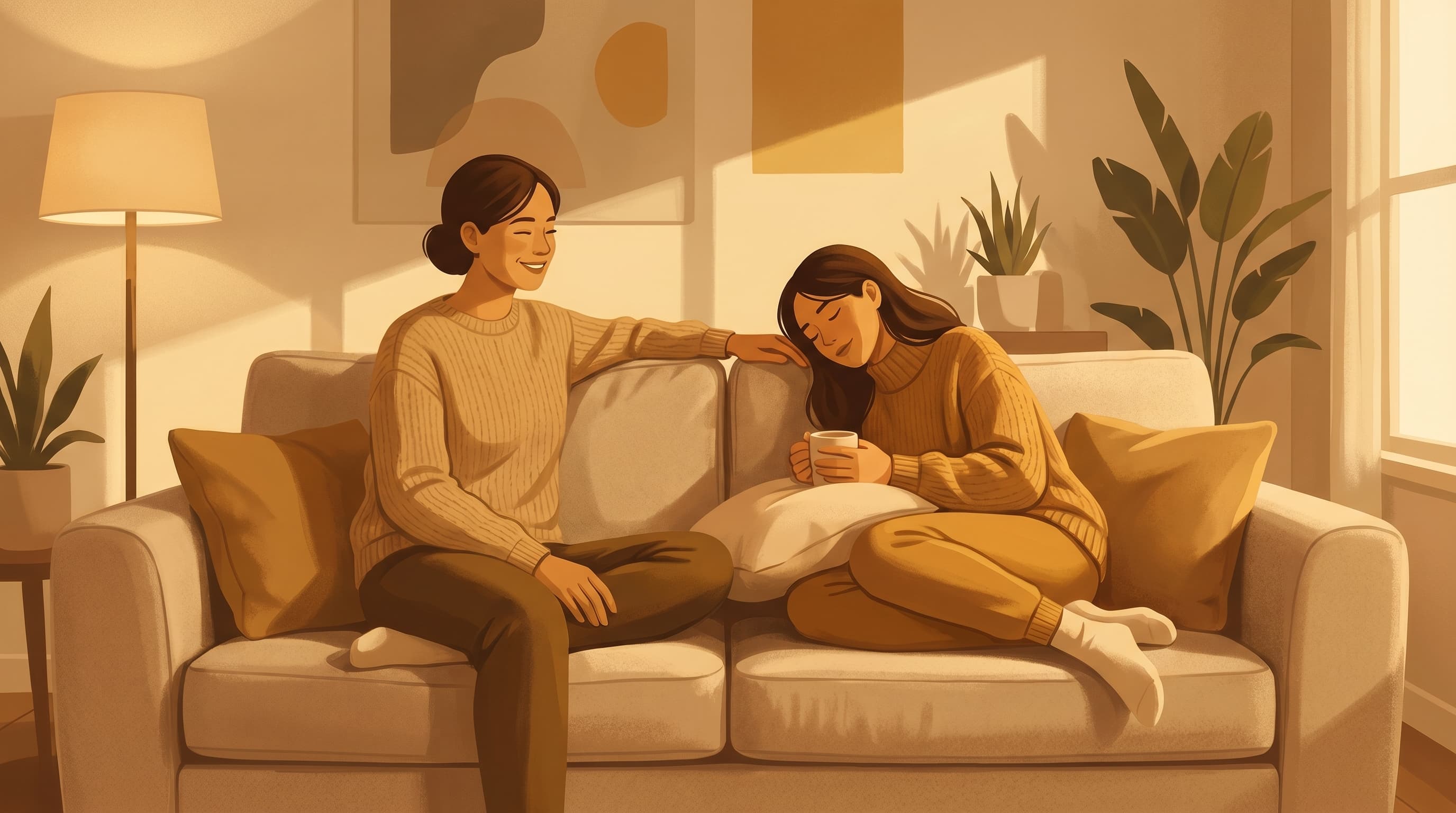 A couple sitting together, one partner gently placing a reassuring hand on the other's shoulder