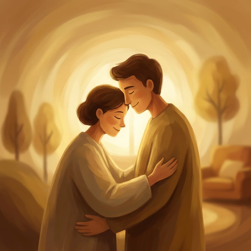 Two people in a gentle embrace, faces showing calm and renewed connection