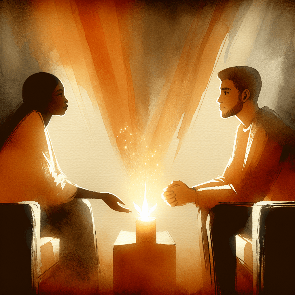Two people sitting on opposite ends of a couch with a warm light glowing between them