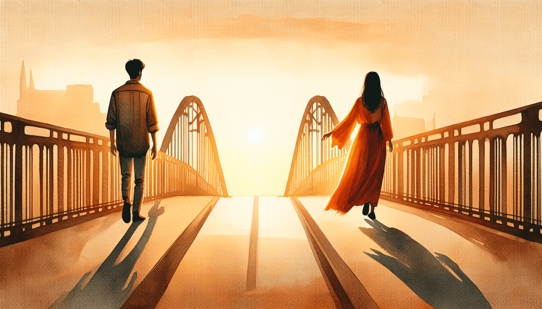 A couple walking toward each other on a bridge at sunset, bathed in warm amber light
