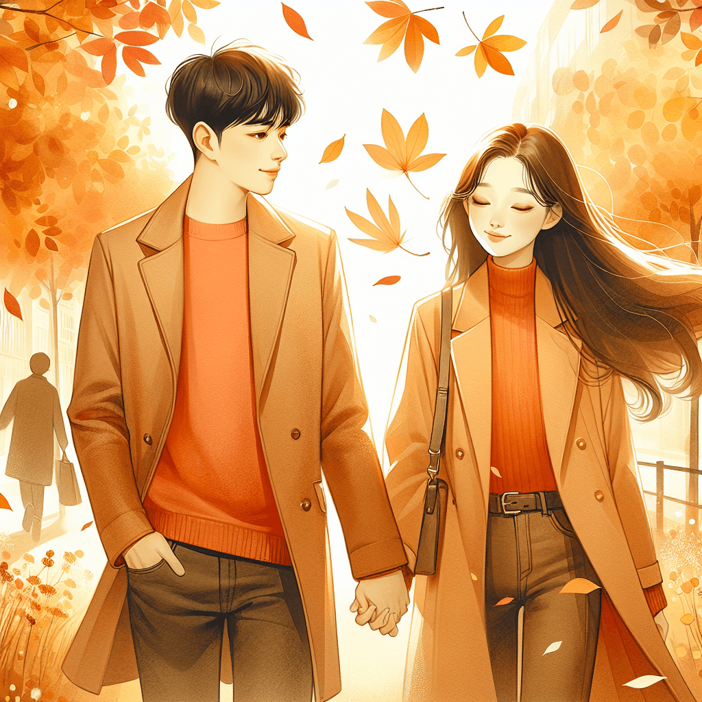 A couple holding hands while walking through an autumn park with golden leaves