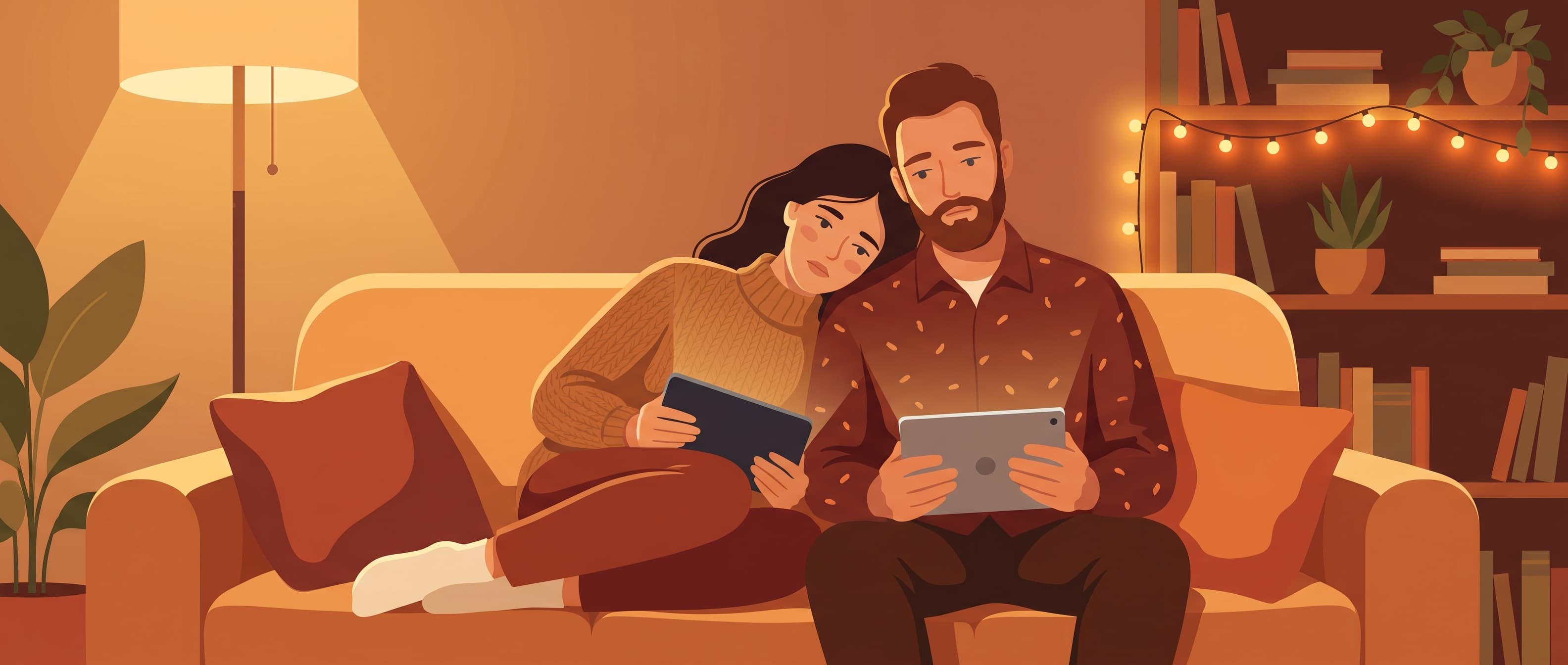 A long-term couple sitting together looking slightly disconnected but still present with each other