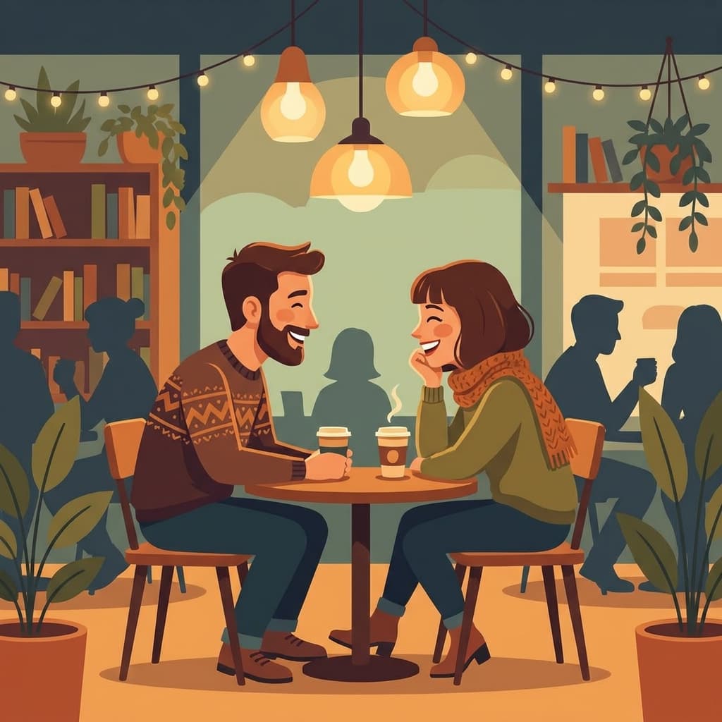 Two people reconnecting in a coffee shop, laughing together with renewed spark