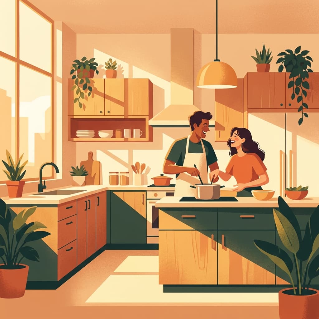 A couple cooking together in a kitchen, laughing and enjoying each other's company
