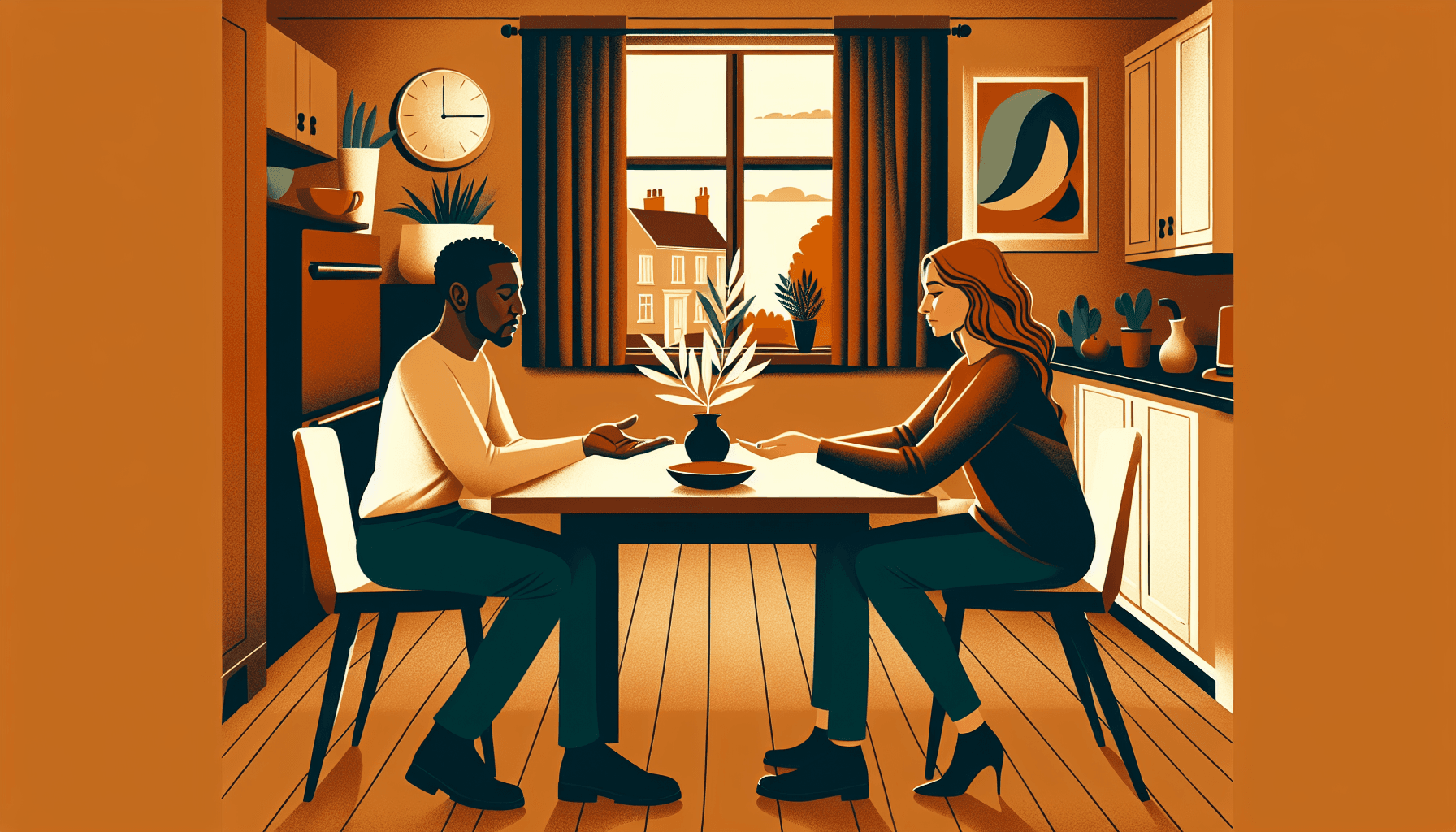 Warm modern illustration of a couple softening during a difficult conversation at a table, in amber and gold tones