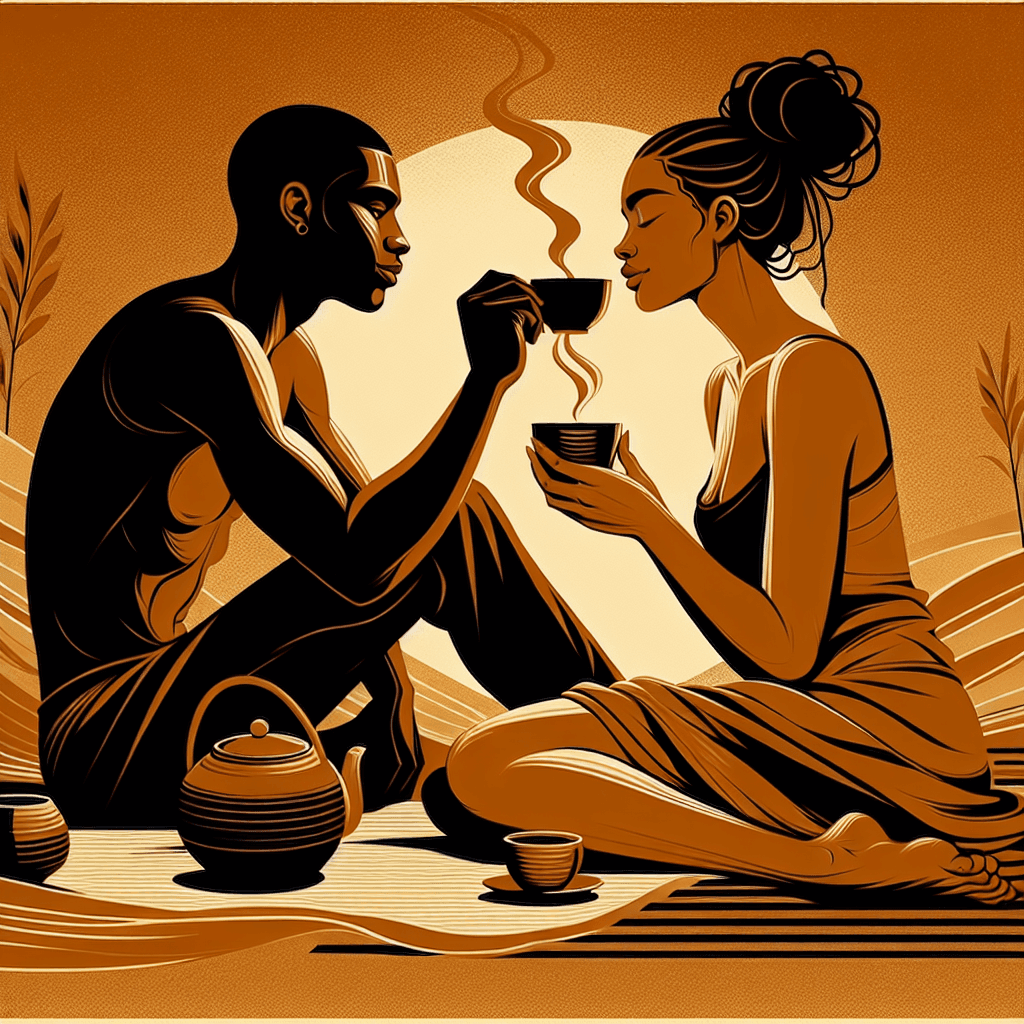 Warm illustration of a couple reconnecting calmly with tea after taking a pause
