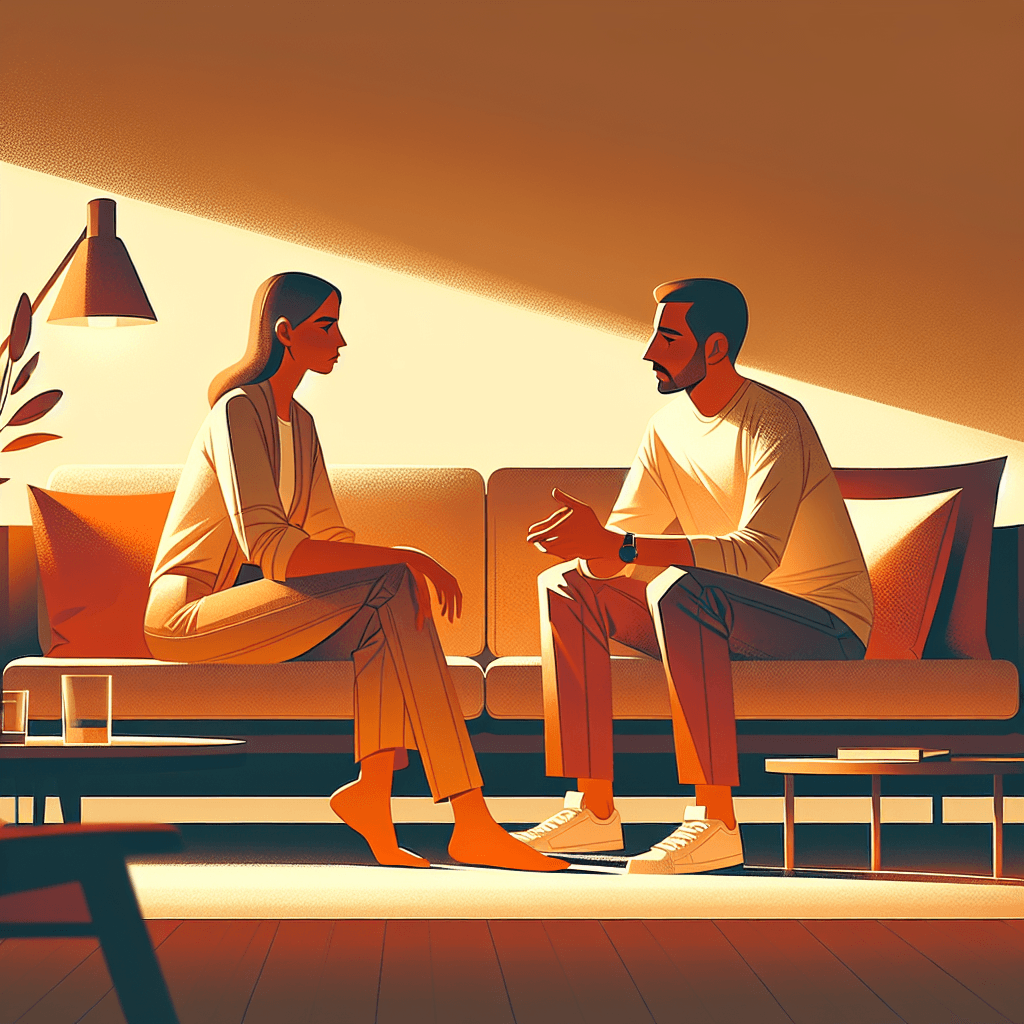 Warm illustration of two partners softening during a tense conversation on a couch