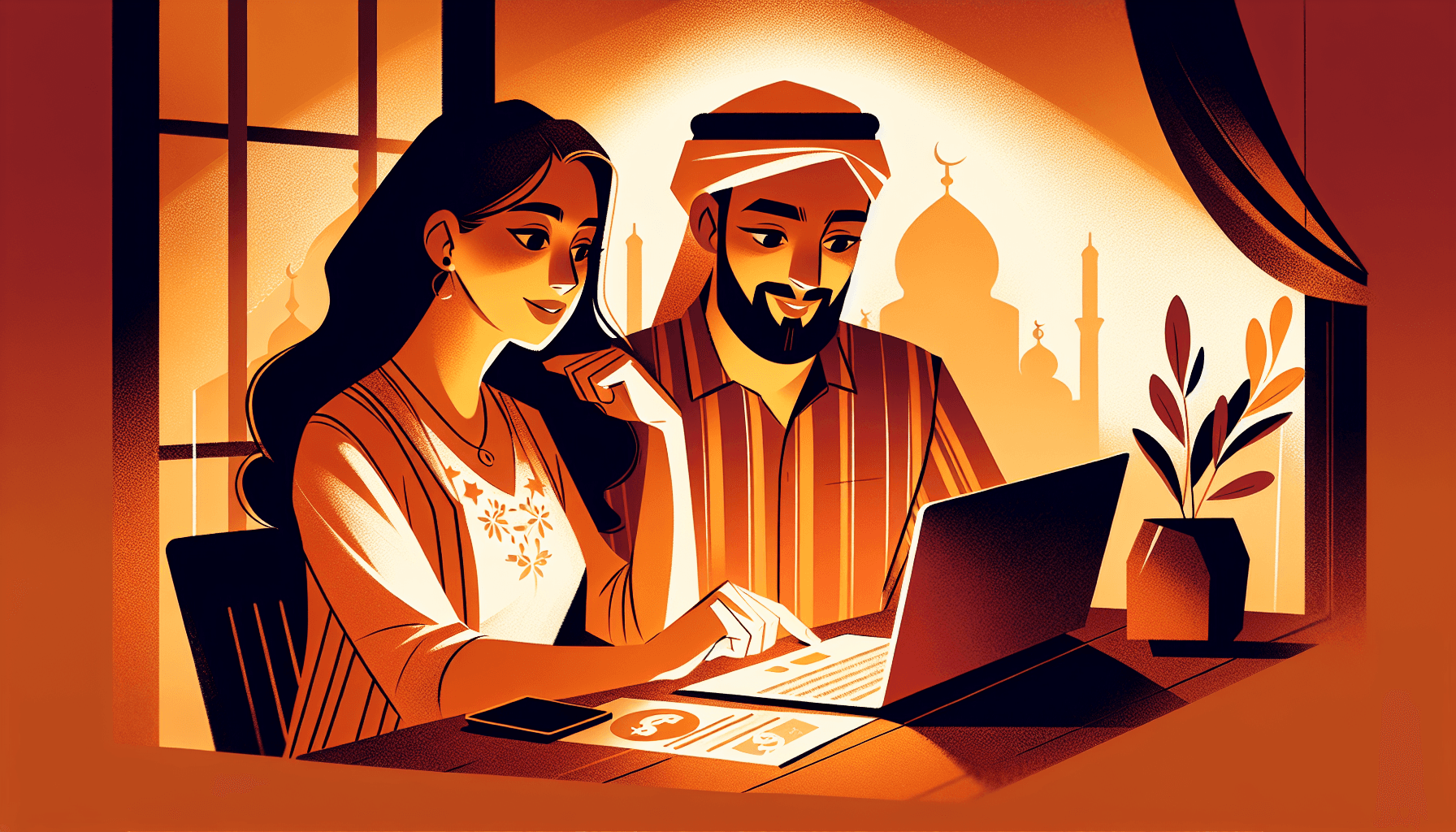 Couple sitting together at a cozy table reviewing finances in warm amber light