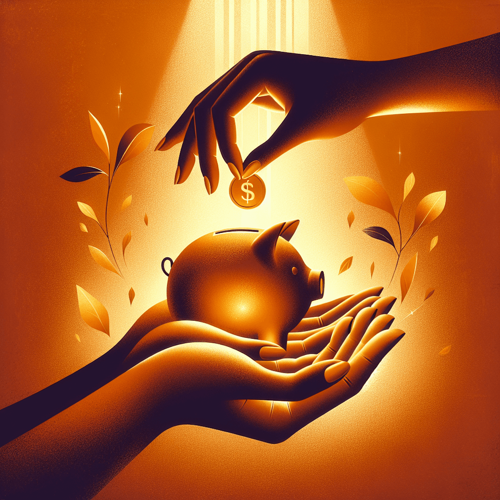 Two hands gently holding a golden piggy bank together in warm amber light