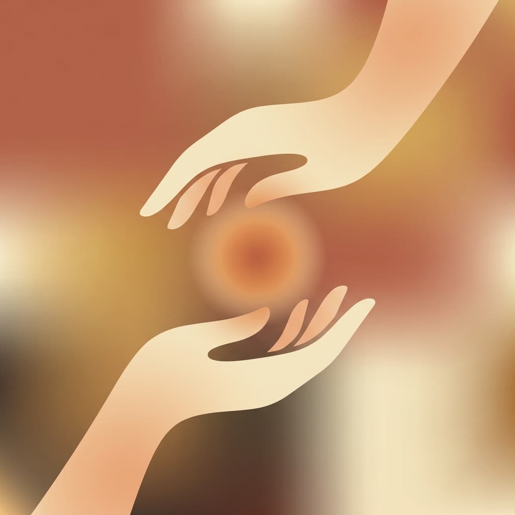 Two hands almost touching with warm light between them