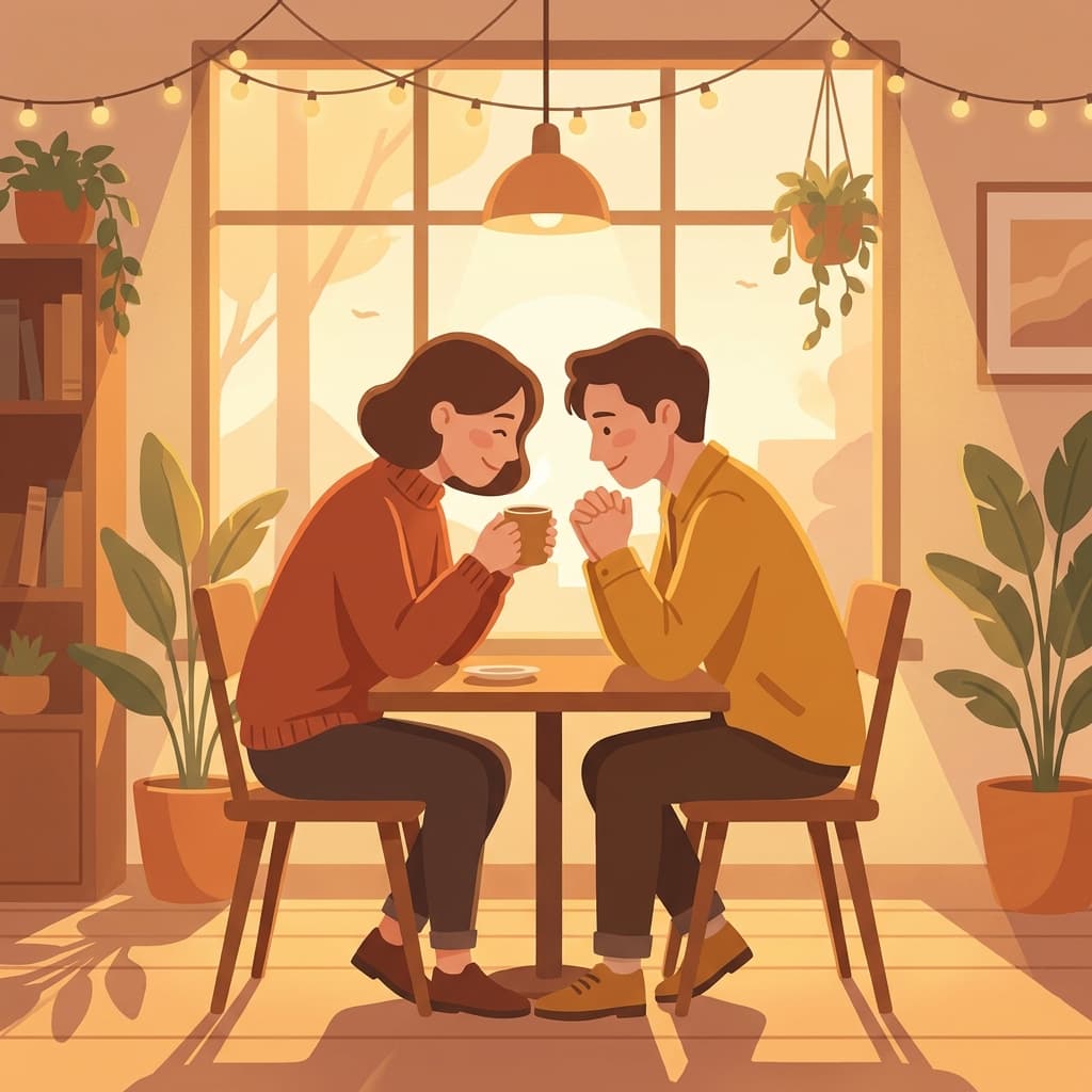 A couple having a heartfelt conversation at a cozy cafe