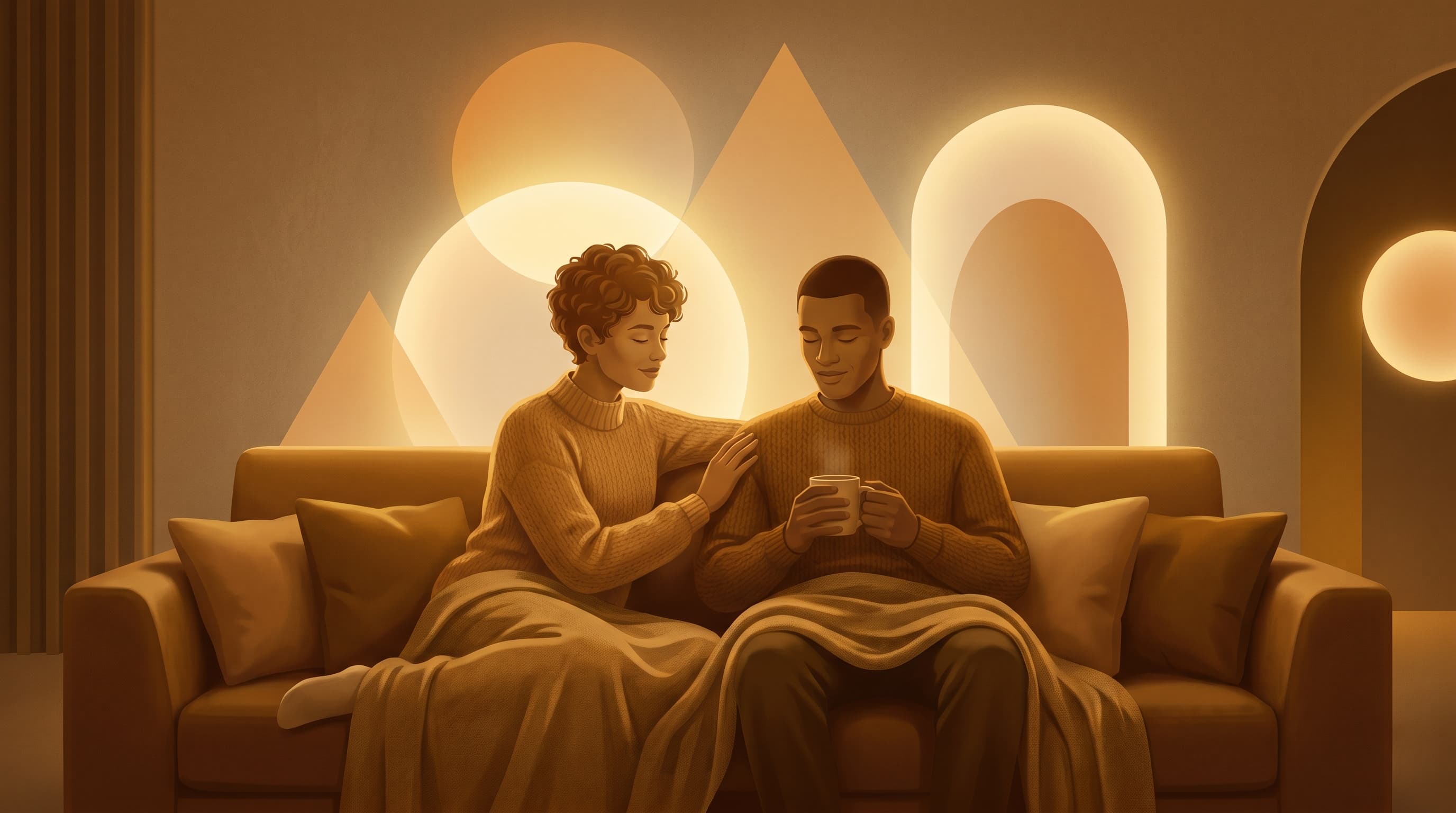 A couple sharing a tender moment in warm golden light