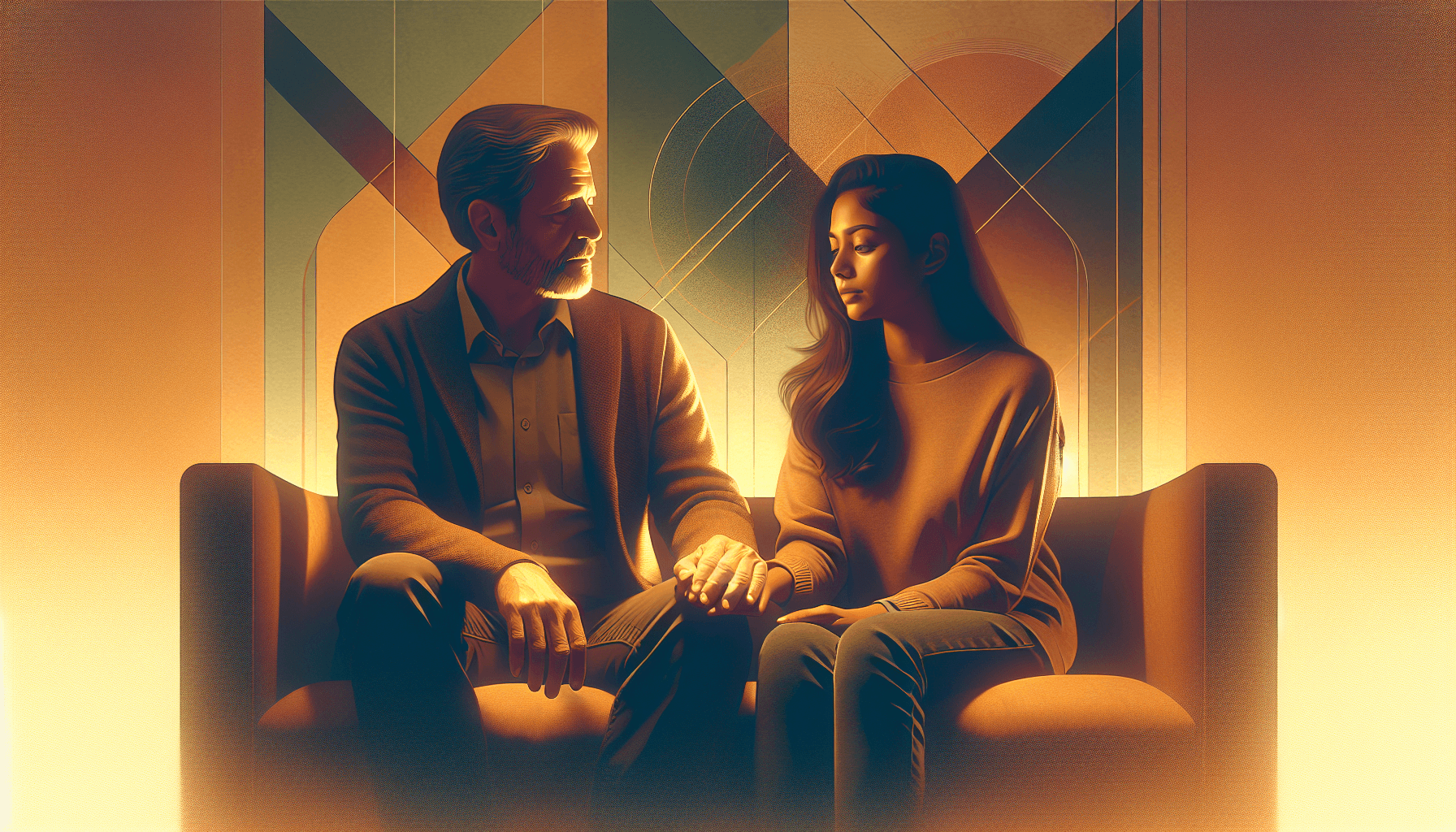 Couple sitting together in warm light, sharing a vulnerable moment