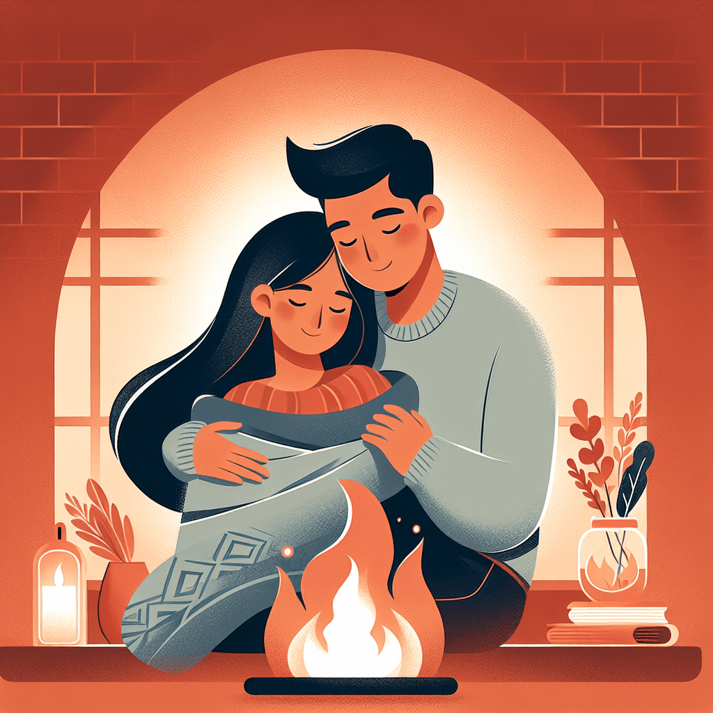Couple wrapped in a blanket by a warm fireplace, feeling safe together