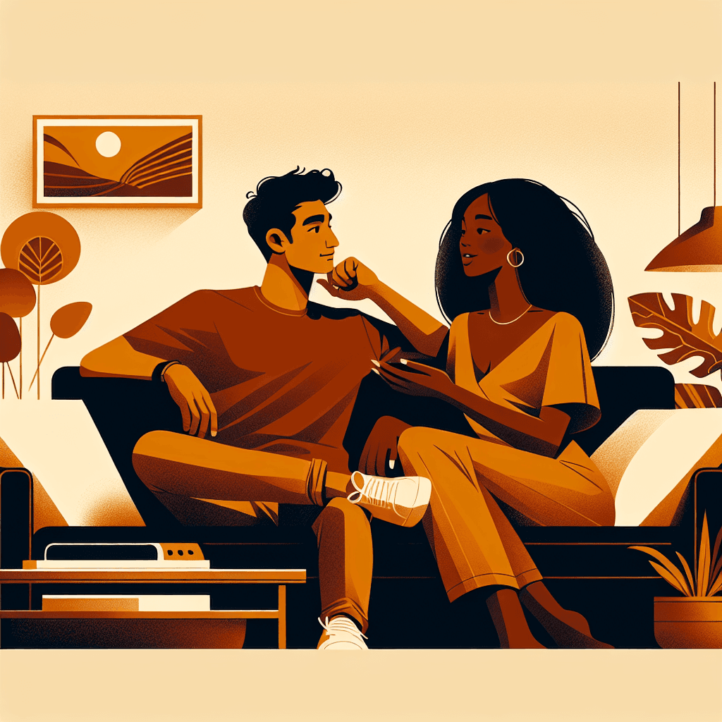 Couple on a couch, one partner listening attentively while the other speaks, in warm golden tones