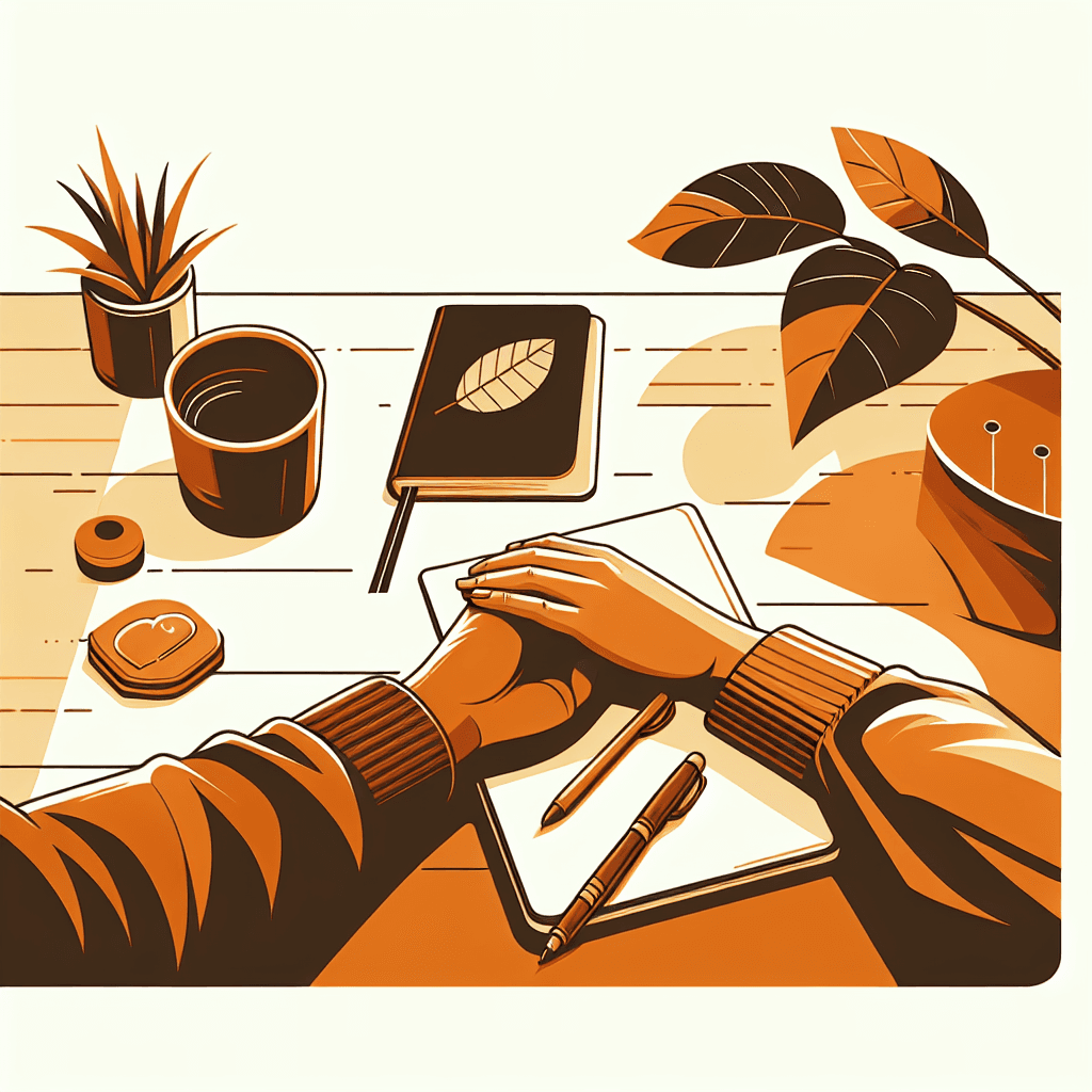 Two hands holding each other across a table with a notebook nearby in warm amber tones