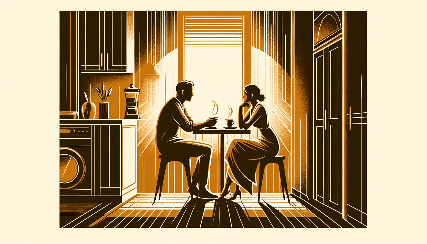 Couple sitting together at a cozy kitchen table having an intentional conversation over coffee in warm amber light